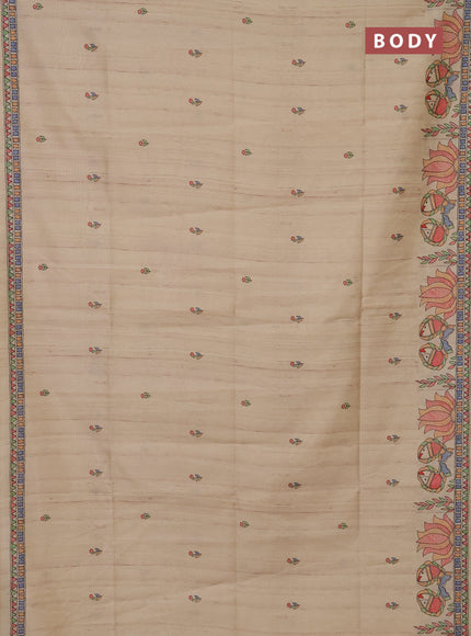 Semi tussar saree sandal with butta prints and madhubani printed pallu