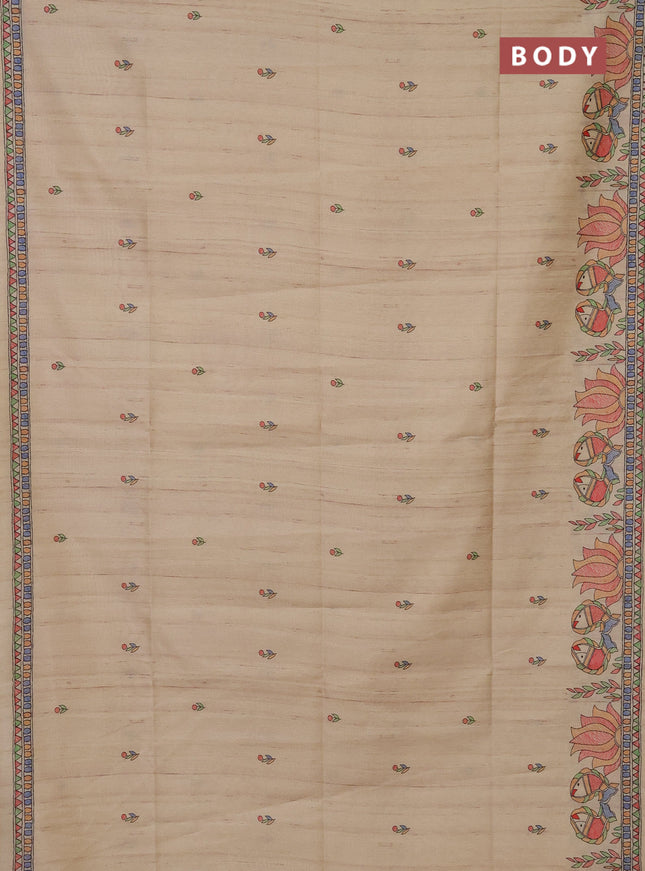 Semi tussar saree sandal with butta prints and madhubani printed pallu