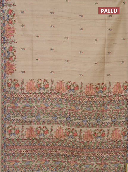 Semi tussar saree sandal with butta prints and madhubani printed pallu
