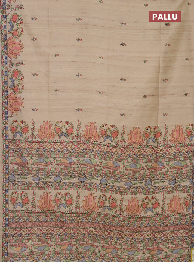 Semi tussar saree sandal with butta prints and madhubani printed pallu