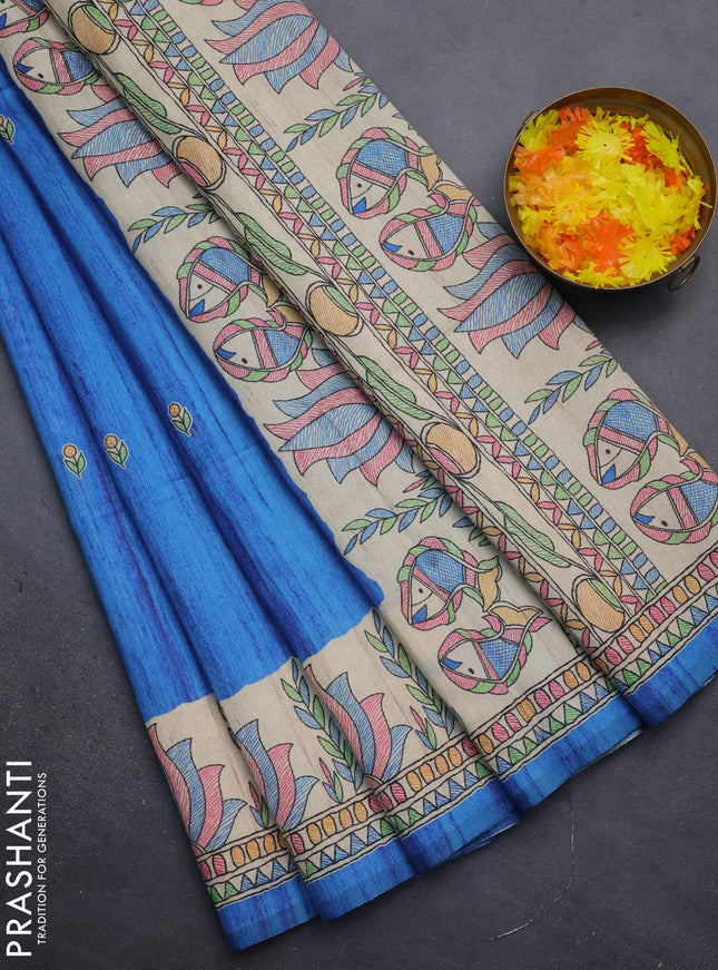 Semi tussar saree blue and beige with butta prints and madhubani printed pallu