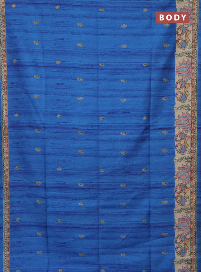 Semi tussar saree blue and beige with butta prints and madhubani printed pallu