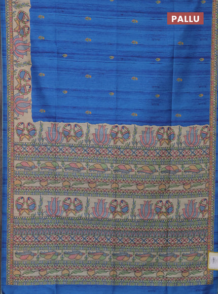 Semi tussar saree blue and beige with butta prints and madhubani printed pallu