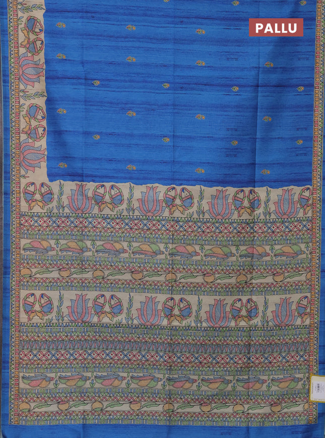 Semi tussar saree blue and beige with butta prints and madhubani printed pallu