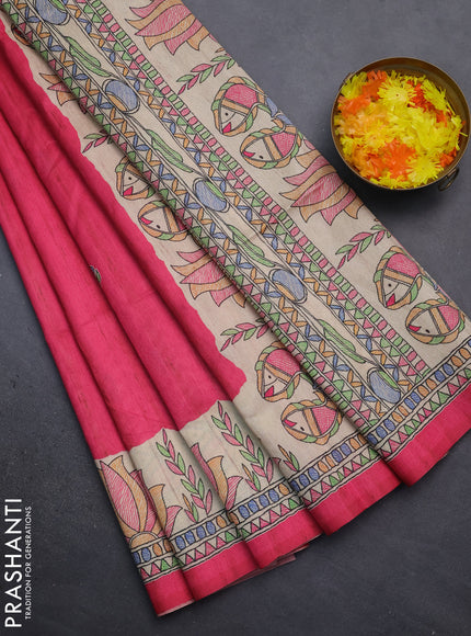 Semi tussar saree pink and beige with butta prints and madhubani printed pallu