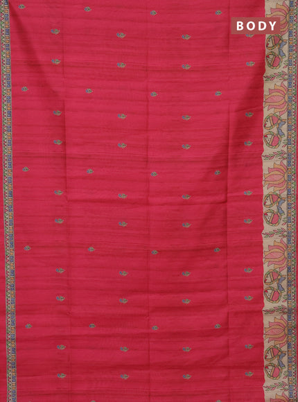 Semi tussar saree pink and beige with butta prints and madhubani printed pallu