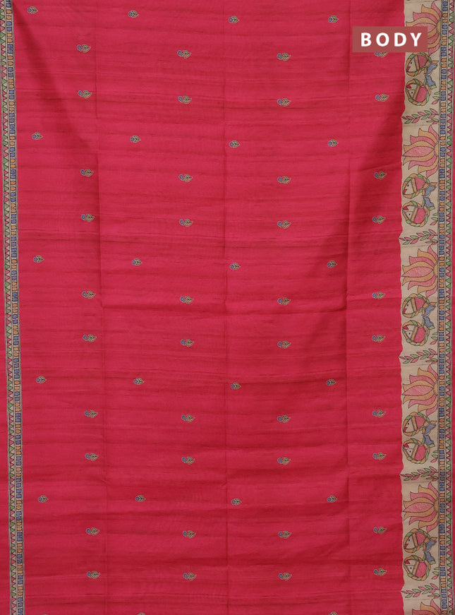 Semi tussar saree pink and beige with butta prints and madhubani printed pallu