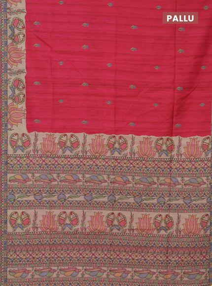 Semi tussar saree pink and beige with butta prints and madhubani printed pallu