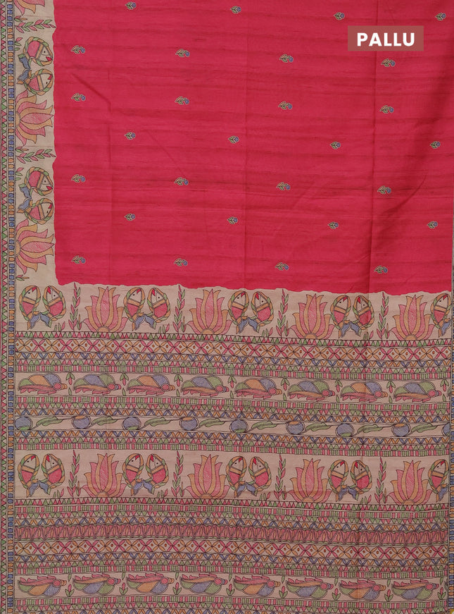 Semi tussar saree pink and beige with butta prints and madhubani printed pallu