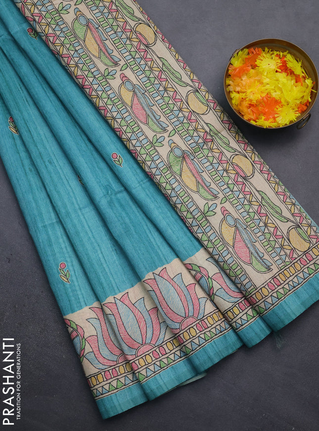 Semi tussar saree teal blue and beige with butta prints and madhubani printed pallu