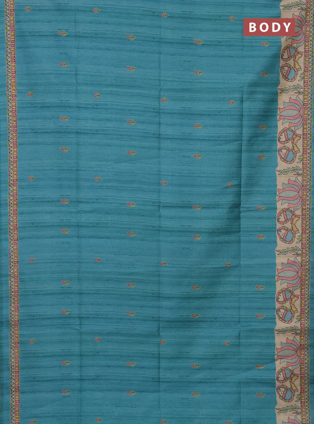 Semi tussar saree teal blue and beige with butta prints and madhubani printed pallu