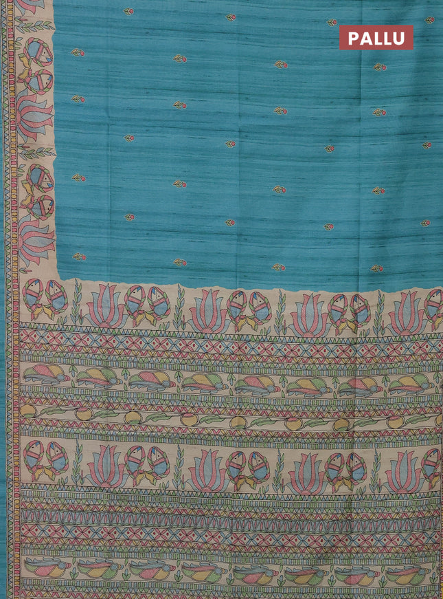 Semi tussar saree teal blue and beige with butta prints and madhubani printed pallu