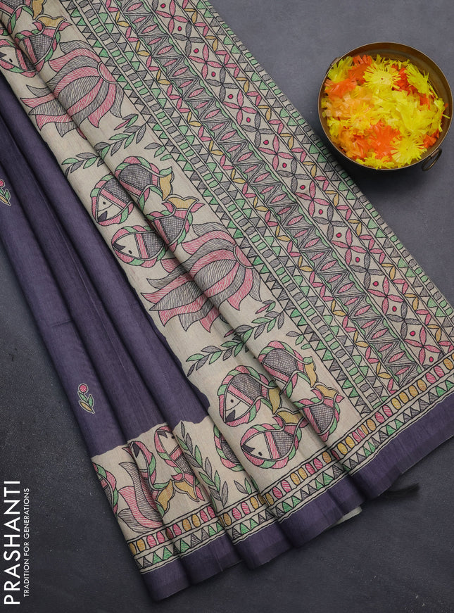 Semi tussar saree deep jamun and beige with butta prints and madhubani printed pallu