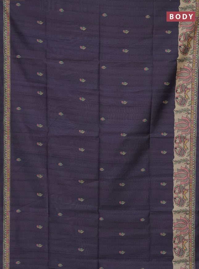 Semi tussar saree deep jamun and beige with butta prints and madhubani printed pallu