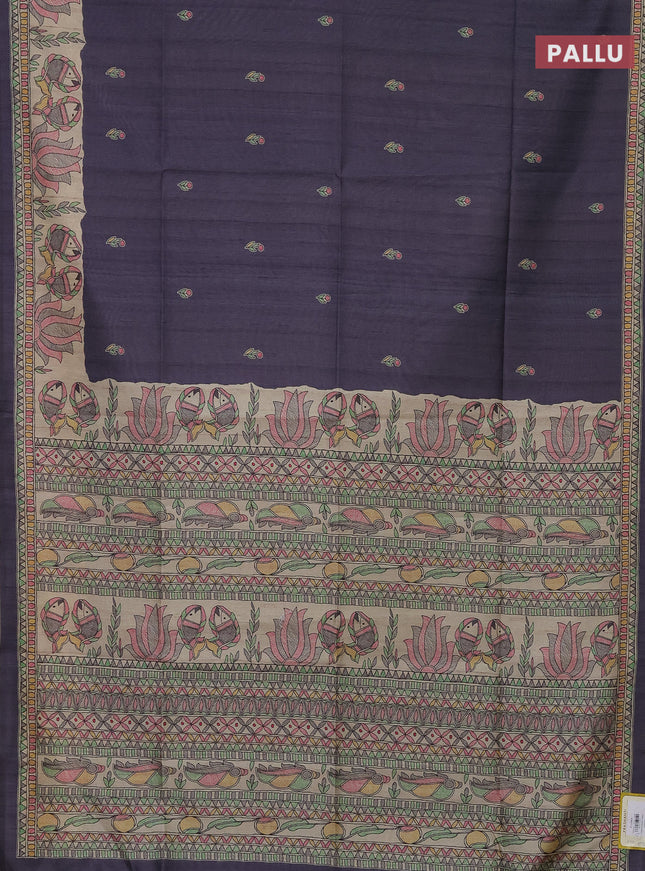 Semi tussar saree deep jamun and beige with butta prints and madhubani printed pallu