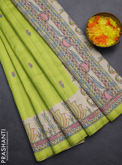 Semi tussar saree fluorescent green and beige with butta prints and madhubani printed pallu