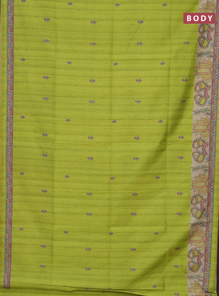 Semi tussar saree fluorescent green and beige with butta prints and madhubani printed pallu
