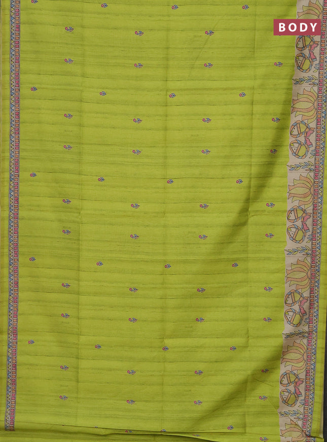 Semi tussar saree fluorescent green and beige with butta prints and madhubani printed pallu