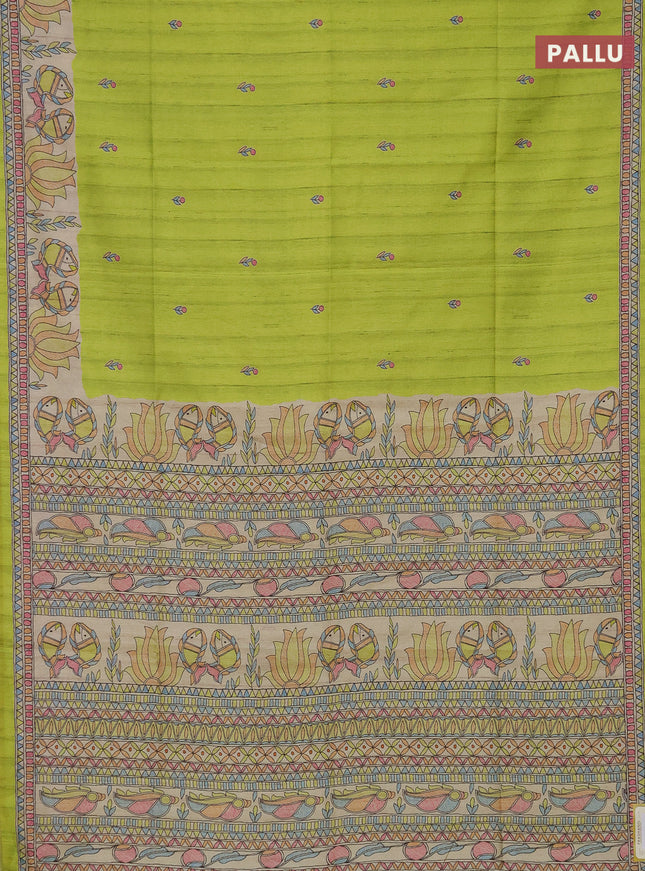 Semi tussar saree fluorescent green and beige with butta prints and madhubani printed pallu