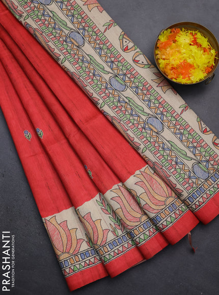 Semi tussar saree red and beige with butta prints and madhubani printed pallu