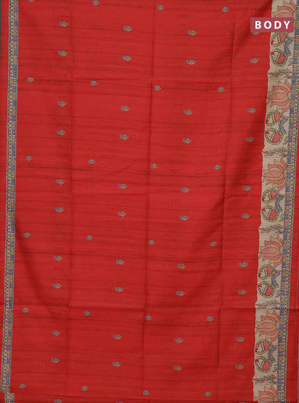 Semi tussar saree red and beige with butta prints and madhubani printed pallu
