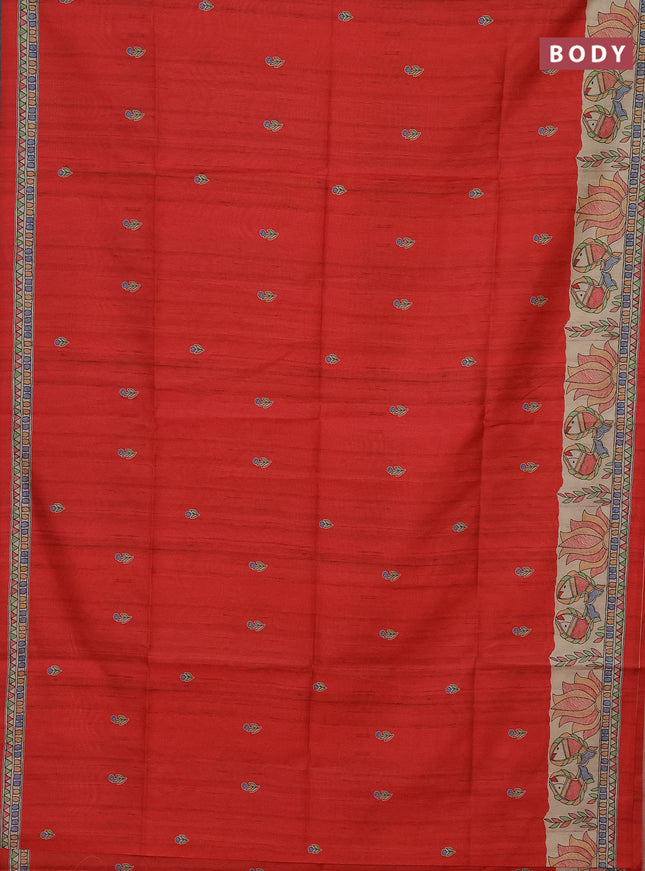 Semi tussar saree red and beige with butta prints and madhubani printed pallu