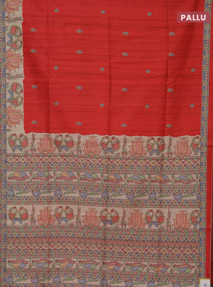 Semi tussar saree red and beige with butta prints and madhubani printed pallu