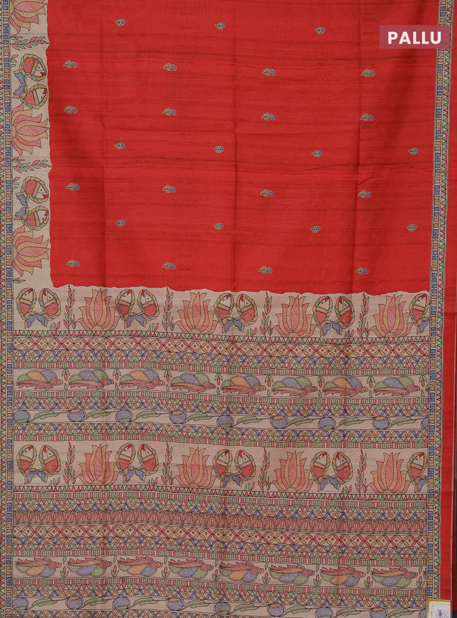 Semi tussar saree red and beige with butta prints and madhubani printed pallu