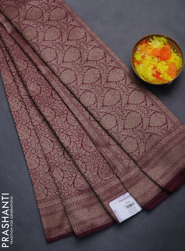 Banarasi semi silk saree wine shade with allover thread & zari weaves and woven border