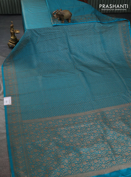 Banarasi semi silk saree teal blue with allover thread & zari woven butta weaves and woven border
