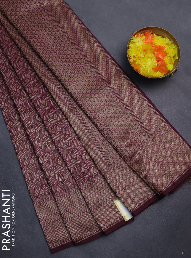 Banarasi semi silk saree wine shade with allover thread & zari weaves and woven border