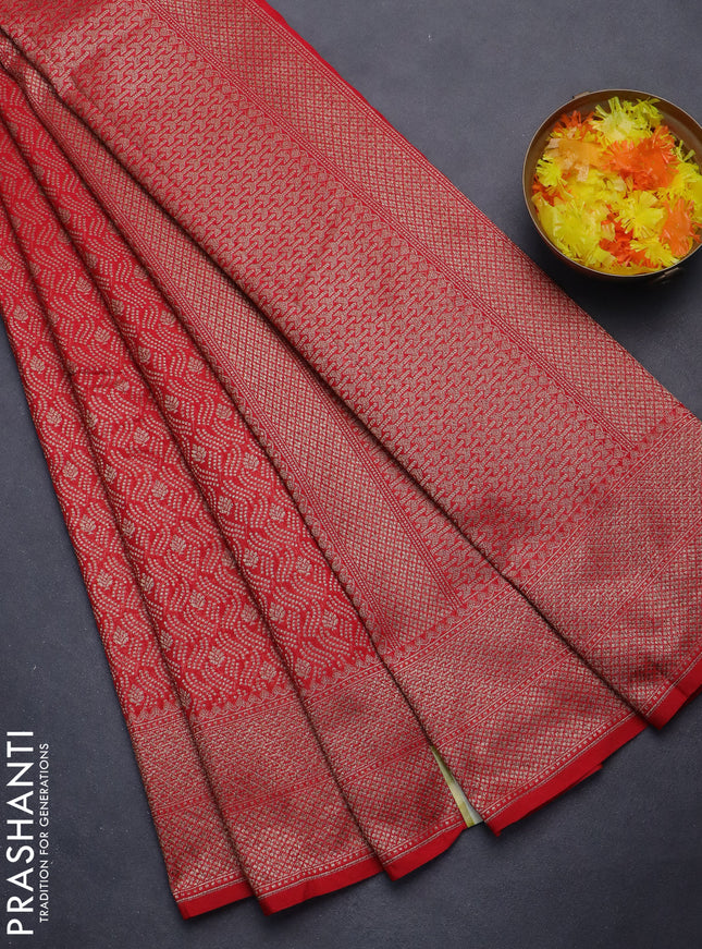 Banarasi semi silk saree red with allover thread & zari weaves and woven border