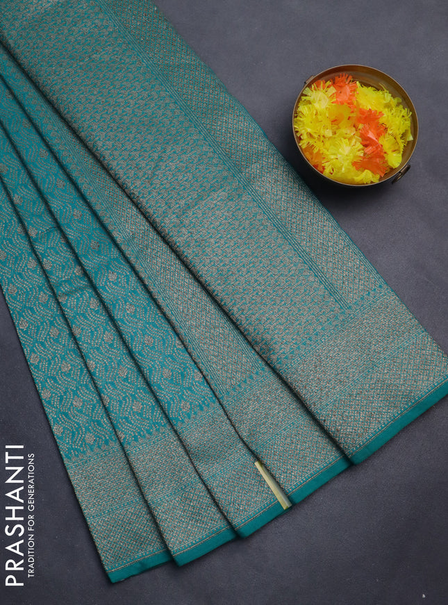Banarasi semi silk saree teal green with allover thread & zari weaves and woven border
