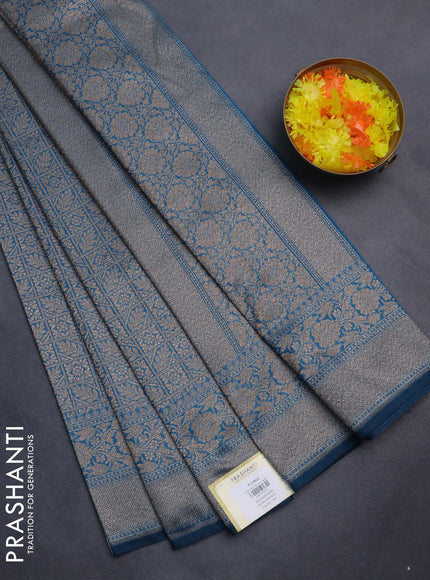 Banarasi semi silk saree peacock blue with allover thread & zari weaves and woven border