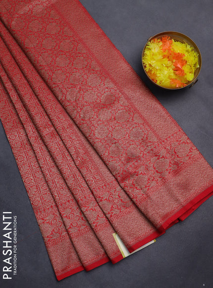Banarasi semi silk saree red with allover thread & zari weaves and woven border