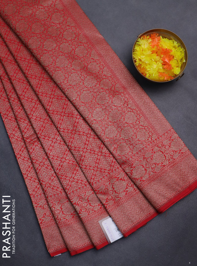 Banarasi semi silk saree red with allover thread & zari weaves and woven border