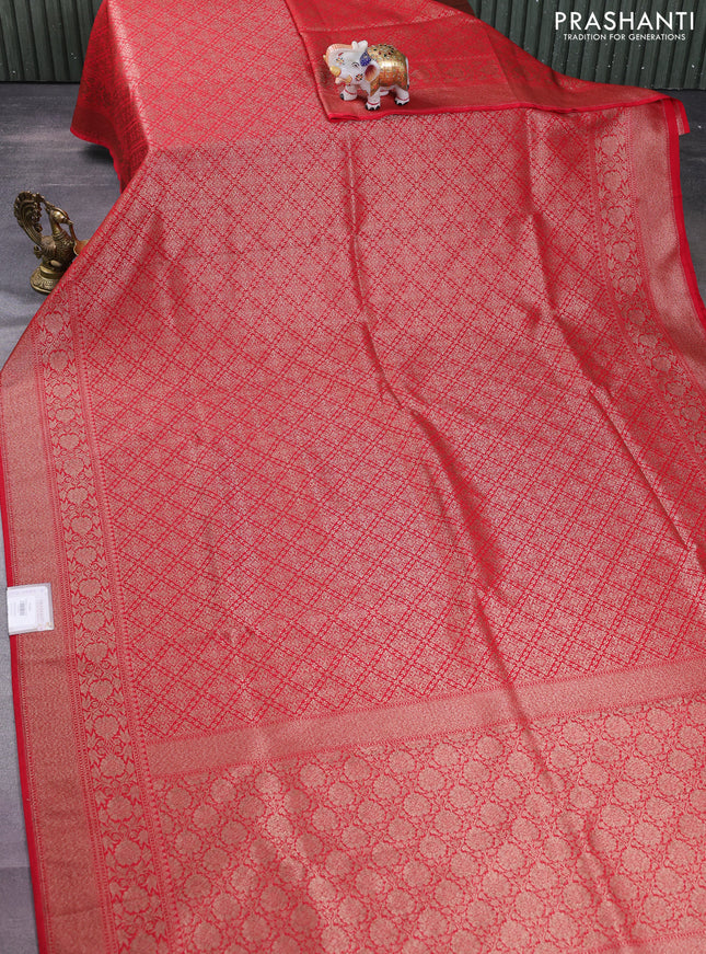 Banarasi semi silk saree red with allover thread & zari weaves and woven border