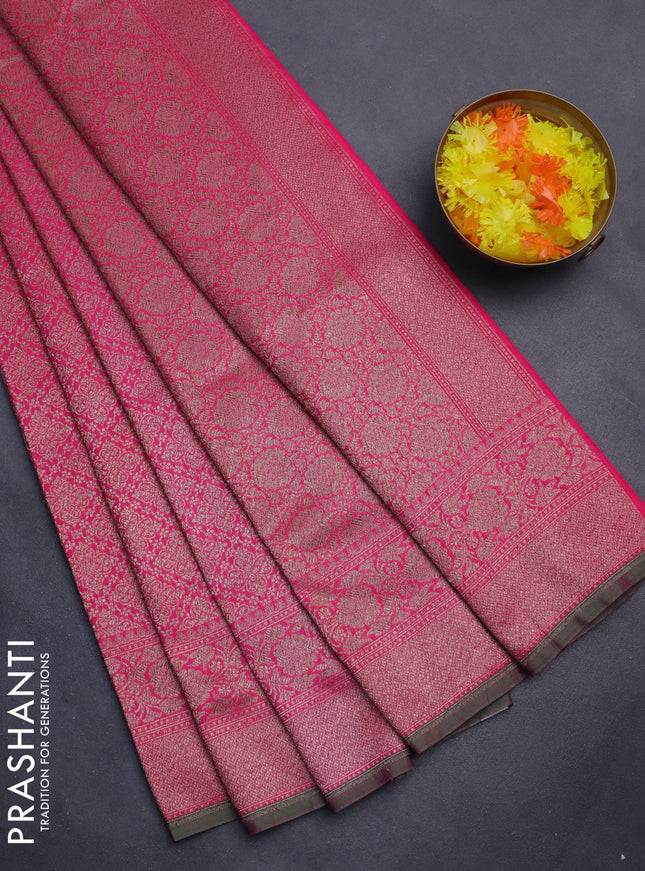 Banarasi semi silk saree pink and green with allover thread & zari weaves and woven border