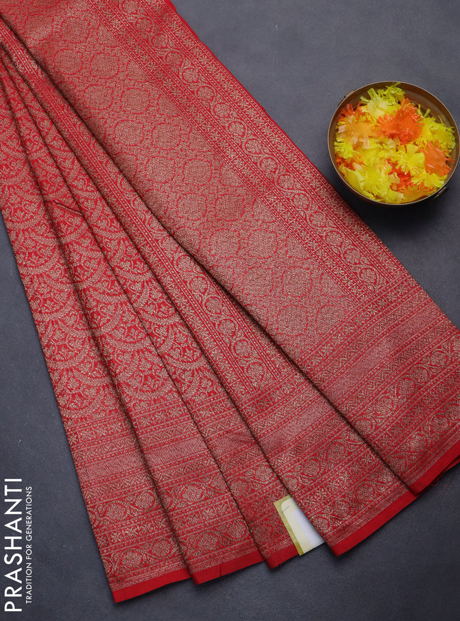 Banarasi semi silk saree red with allover thread & zari weaves and woven border