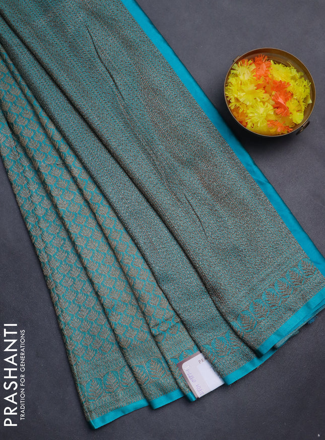 Banarasi semi silk saree teal blue with allover thread & zari weaves and woven border