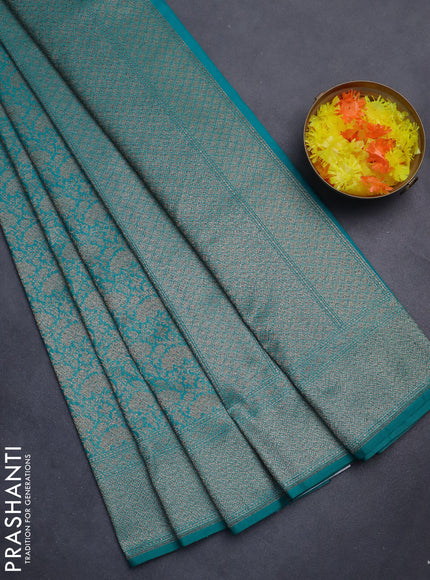 Banarasi semi silk saree teal green with allover thread & zari weaves and woven border