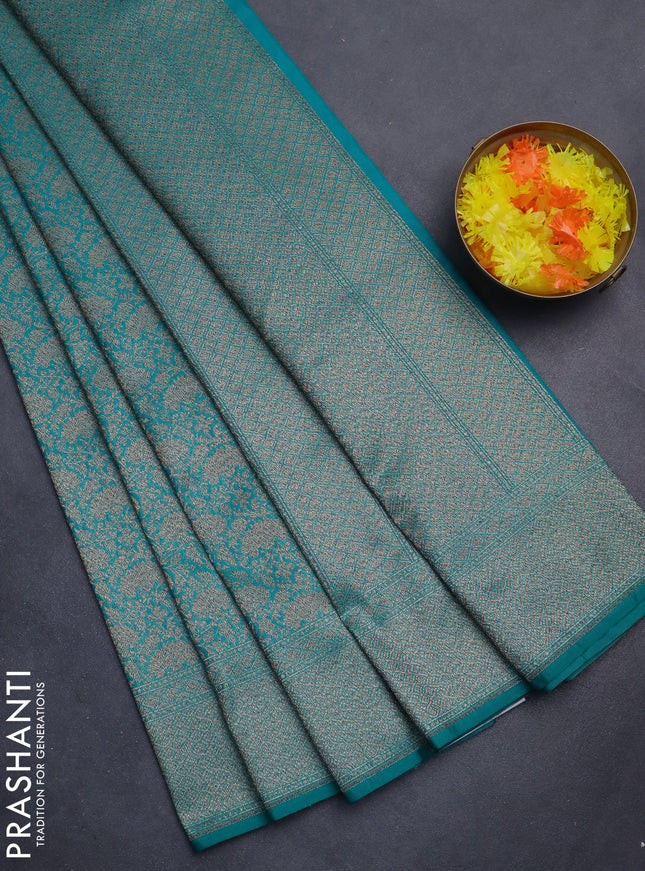 Banarasi semi silk saree teal green with allover thread & zari weaves and woven border