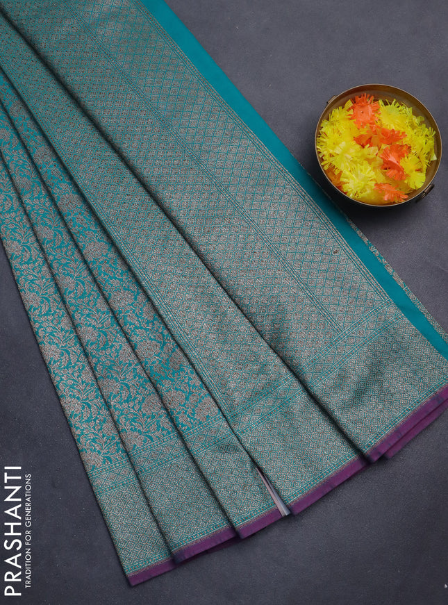Banarasi semi silk saree teal green with allover thread & zari weaves and woven border