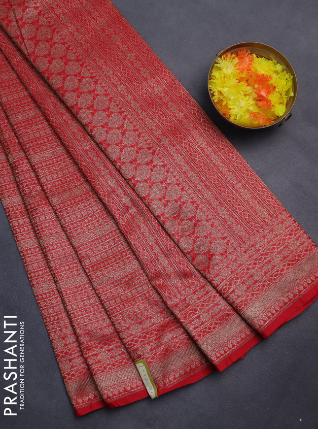 Banarasi semi silk saree red with allover thread & zari weaves and woven border