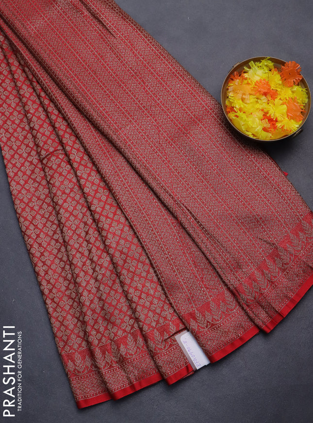 Banarasi semi silk saree red with allover thread & zari weaves and woven border