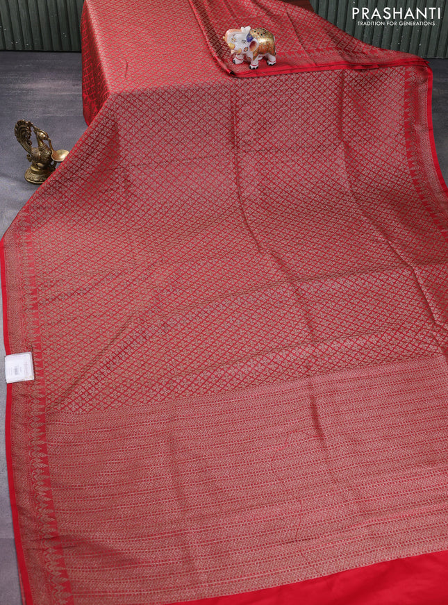 Banarasi semi silk saree red with allover thread & zari weaves and woven border