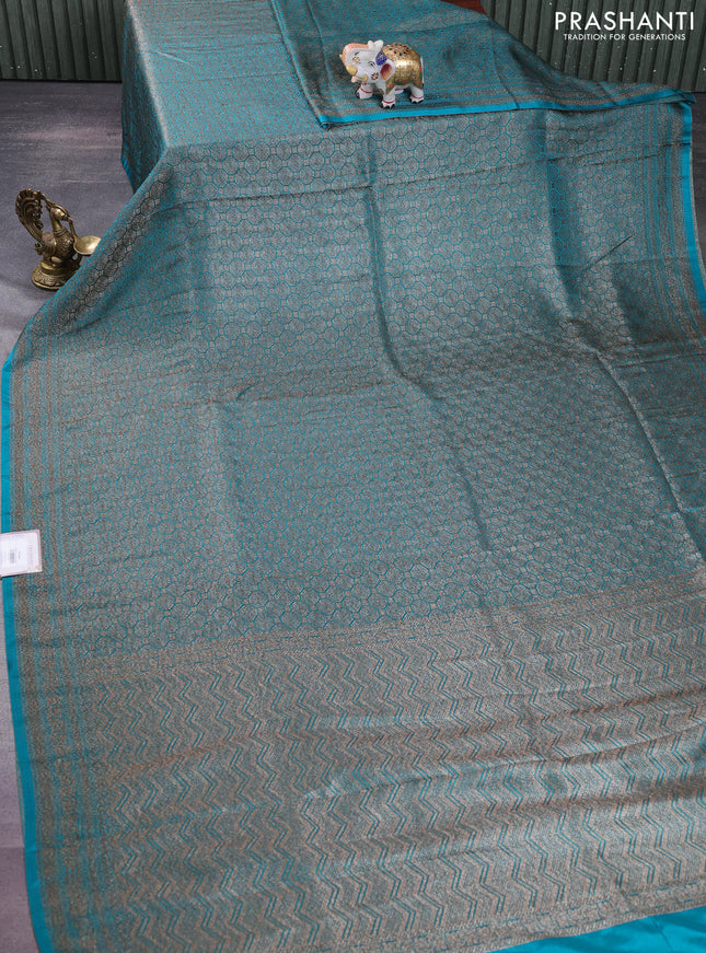 Banarasi semi silk saree teal blue with allover thread & zari weaves and woven border