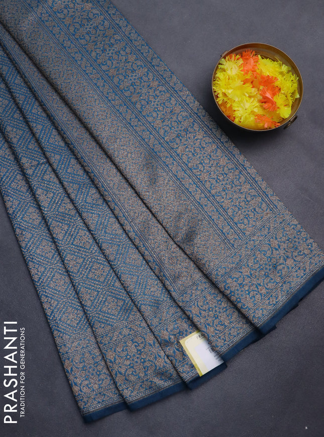 Banarasi semi silk saree peacock blue with allover thread & zari weaves and woven border