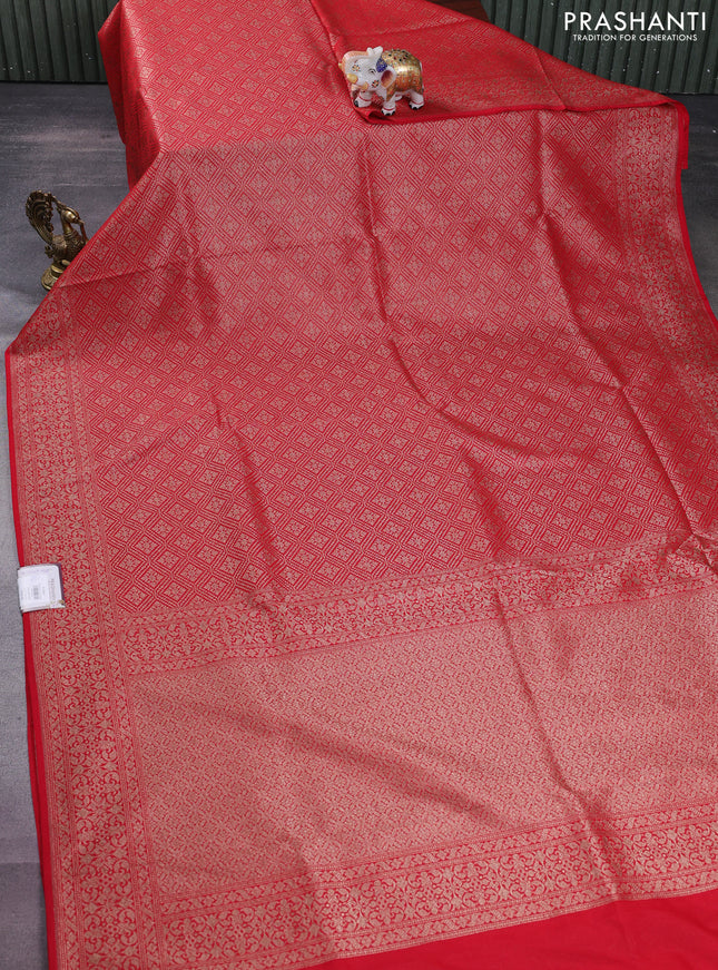 Banarasi semi silk saree red with allover thread & zari weaves and woven border