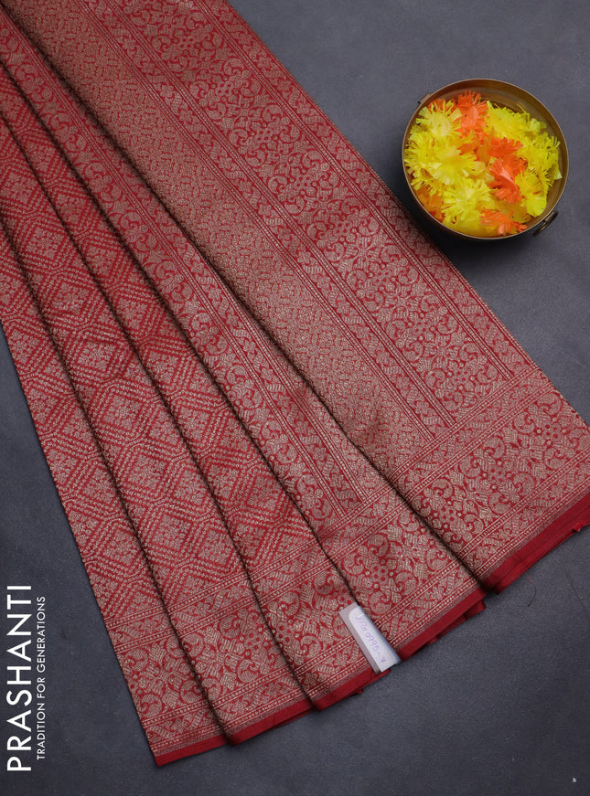 Banarasi semi silk saree kumkum red with allover thread & zari weaves and woven border